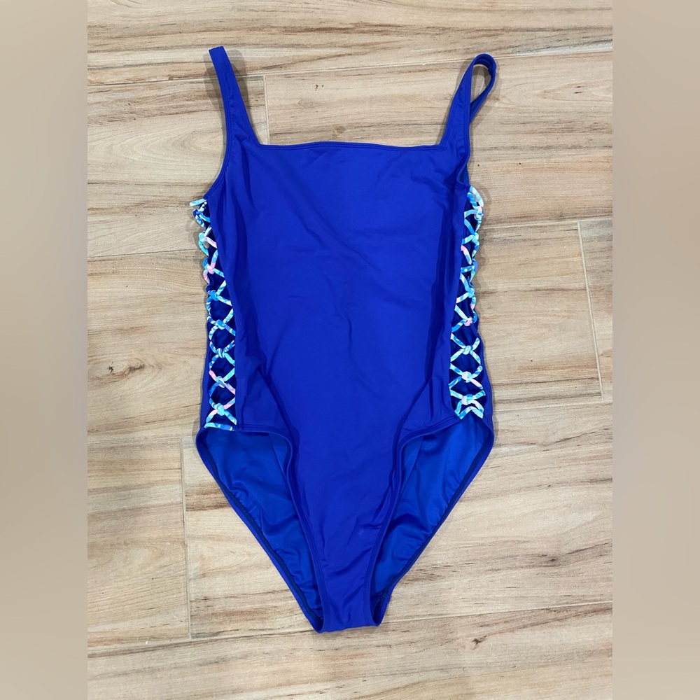 Lilly Pulitzer Mori one piece swimsuit Lattice side Corsica Blue Sz 12
